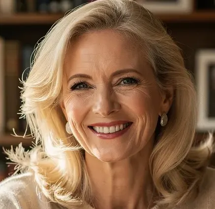 Foto illustrativa di una donna bionda sorridente di circa 50 anni nel suo ufficio.