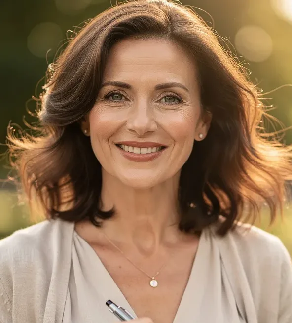 Donna di circa 40 anni che sorride all’aperto tenendo un taccuino.