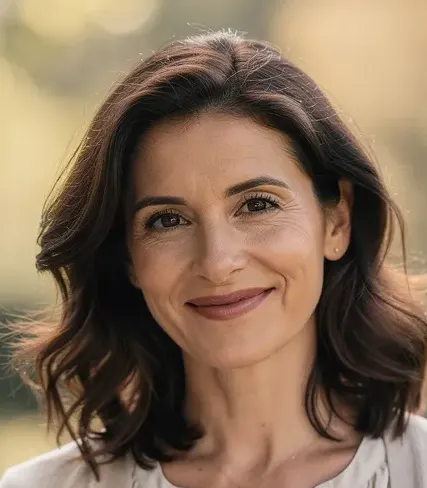 Donna di circa 40 anni che sorride all’aperto tenendo un taccuino.