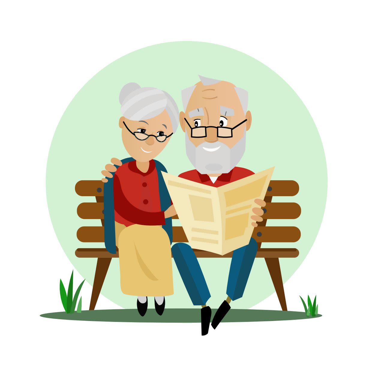 Illustrazione di una coppia di anziani sorridenti seduti su una panchina, che leggono lo stesso giornale, a simboleggiare un incontro serio, valori comuni e una relazione duratura.