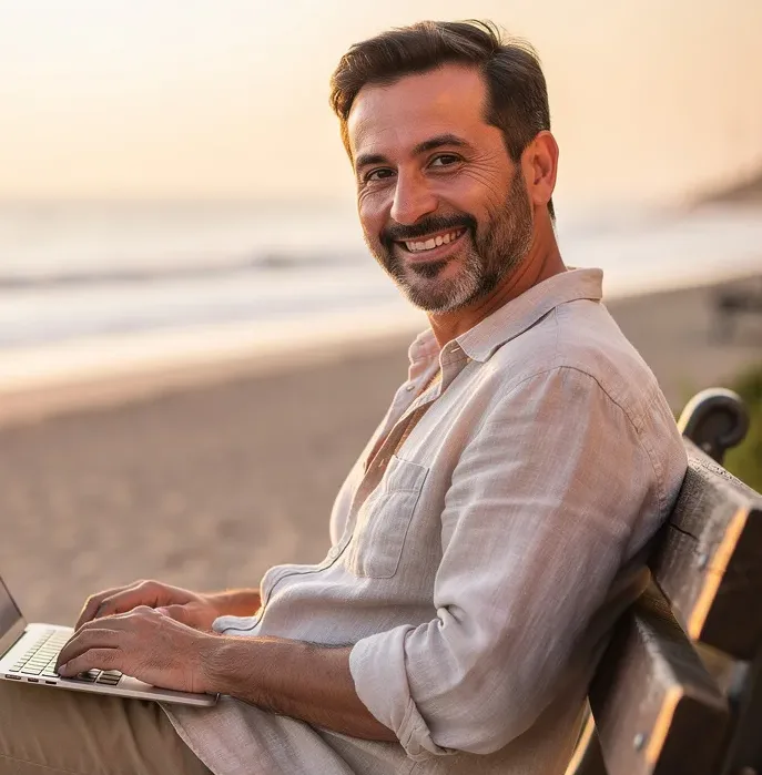 Uomo sorridente seduto su una panchina vicino alla spiaggia mentre lavora al computer portatile.